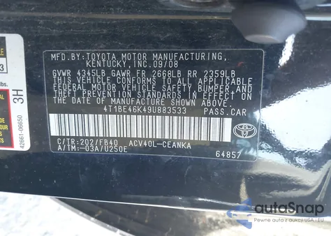 2009 Toyota Camry Se/Le/Xle из США, поврежденный, VIN 4T1BE46K49U883533